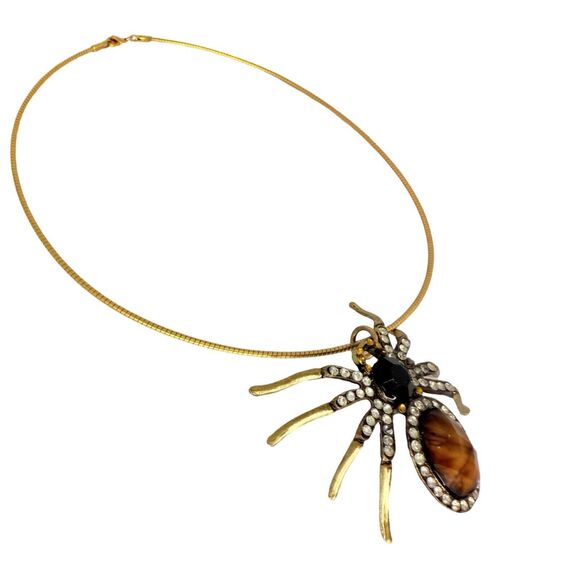 Vtg Gold Tone Spider Pendant Choker Necklace 16.5" With Rhinestones Statement - Picture 8 of 12